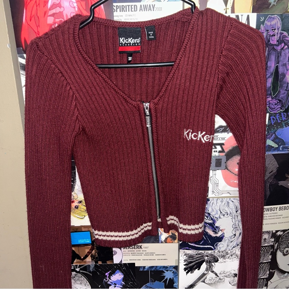 Kickers Ribbed Cropped Zip Cardigan in Burgundy with Red Accent - Picture 2 of 9